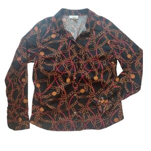 Charter Club Black Gold Chain And Coin Patterned Blouse Button Down Shirt S4